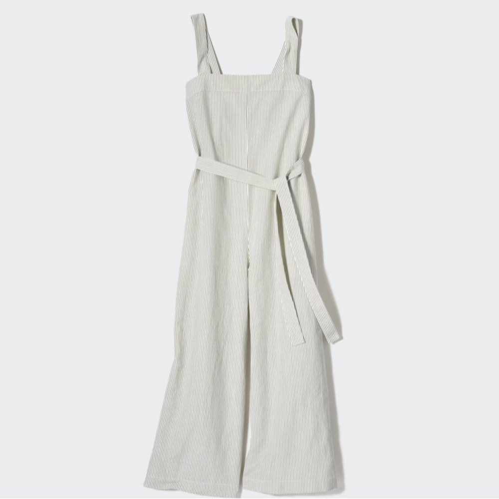 Uniqlo Green/White Striped Linen Blend Belted Wide-Leg Jumpsuit Size Large